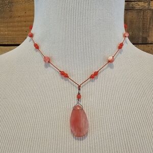 Bonni J coral bead & string necklace w/ stone teardrop pendant